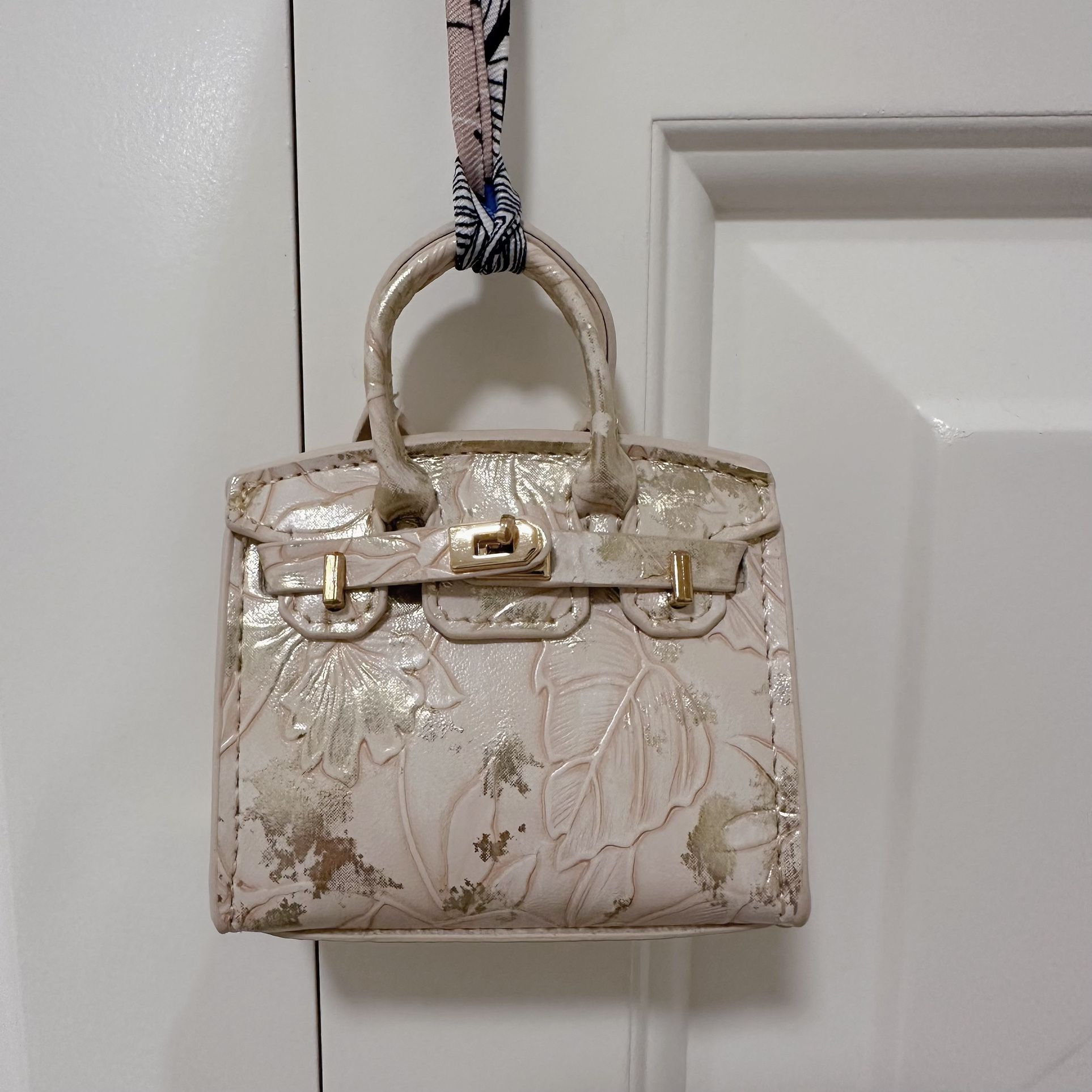 Mini Pearl Pink Birkin Style Bag Charm – Floral Embossed Purse Keychain