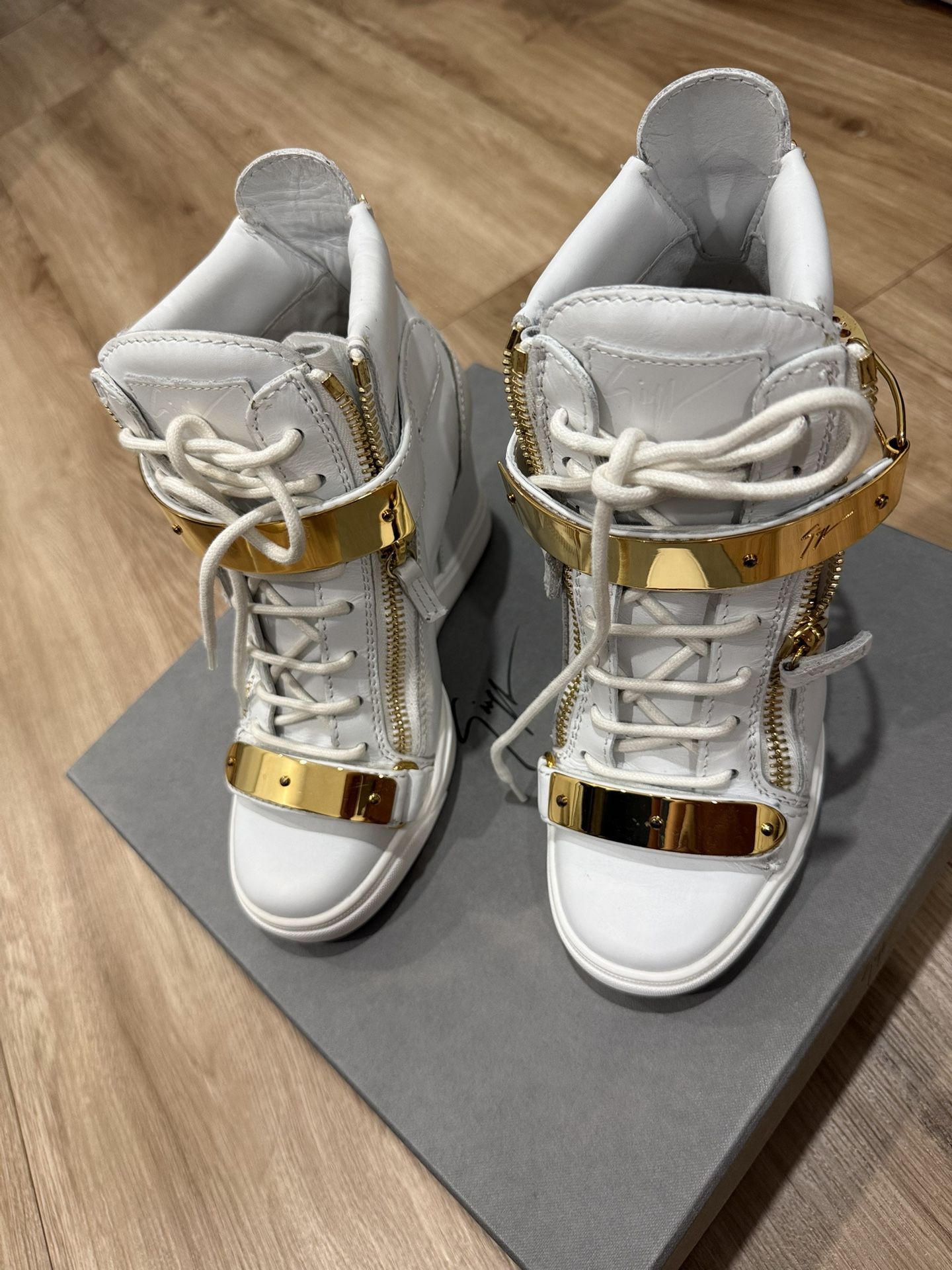 Giuseppe Zanotti White Gold High-Top Wedge Sneakers – Authentic