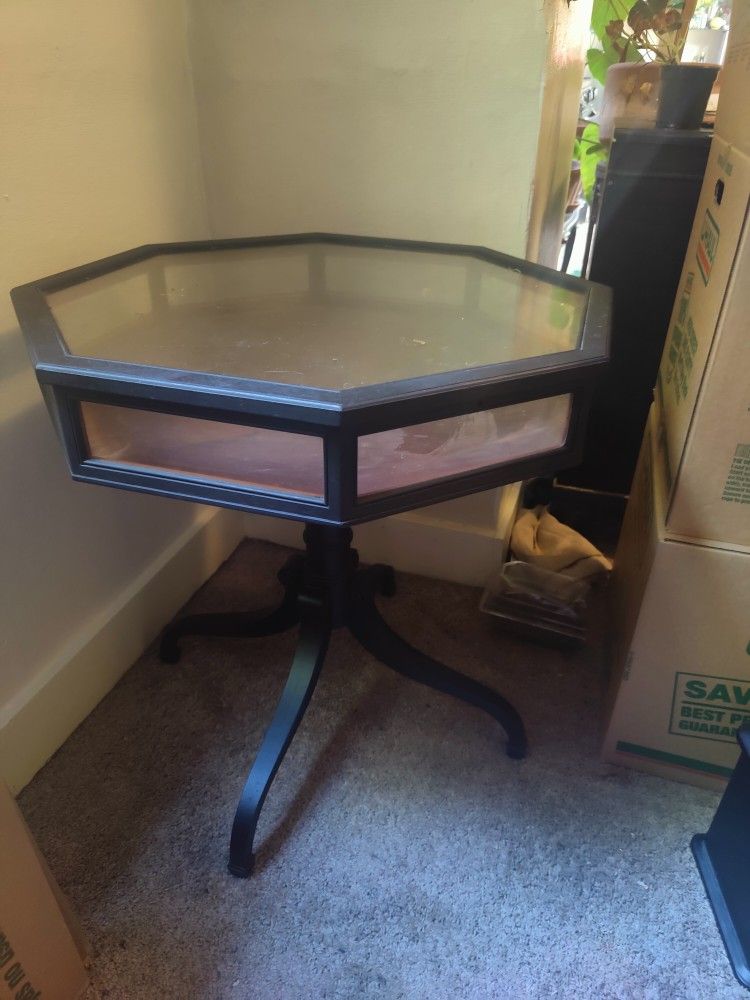 Antique Wood And Glass Curio Display Table