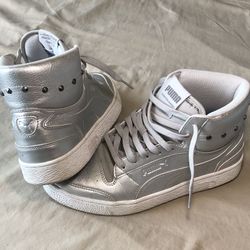 Puma Ralph Sampson High Rise Metallic Silver Mid Glitz Leather Sneaker Woman’s 9