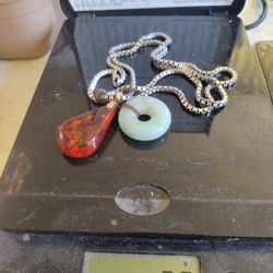 Sterling Silver Necklace With Jade And Amber Pendant 