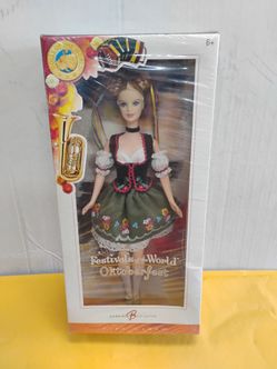 2006 Festivals of the World Oktoberfest Barbie Doll (Pink Label Collection) by Mattel, featuring a blonde doll in a traditional dirndl outfit