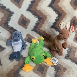 Set of 3 Ty Original Beanie Babies – Smoochy, Pouch & Echo – Pre-Owned