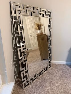 Large Floor Mirror with Geometric Mirrored Frame