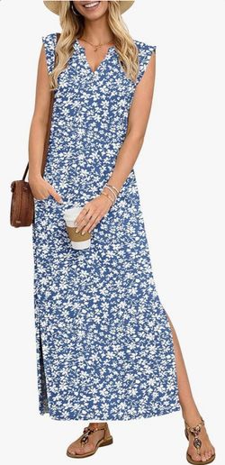 Women’s Blue/White flora V-Neck  sleeveless maxi dress