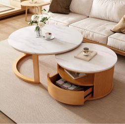 (Brand New)28.5 in. Natural and White Marble Top Nesting End Table Coffee Table with 2-Tier storage and 1-Drawer