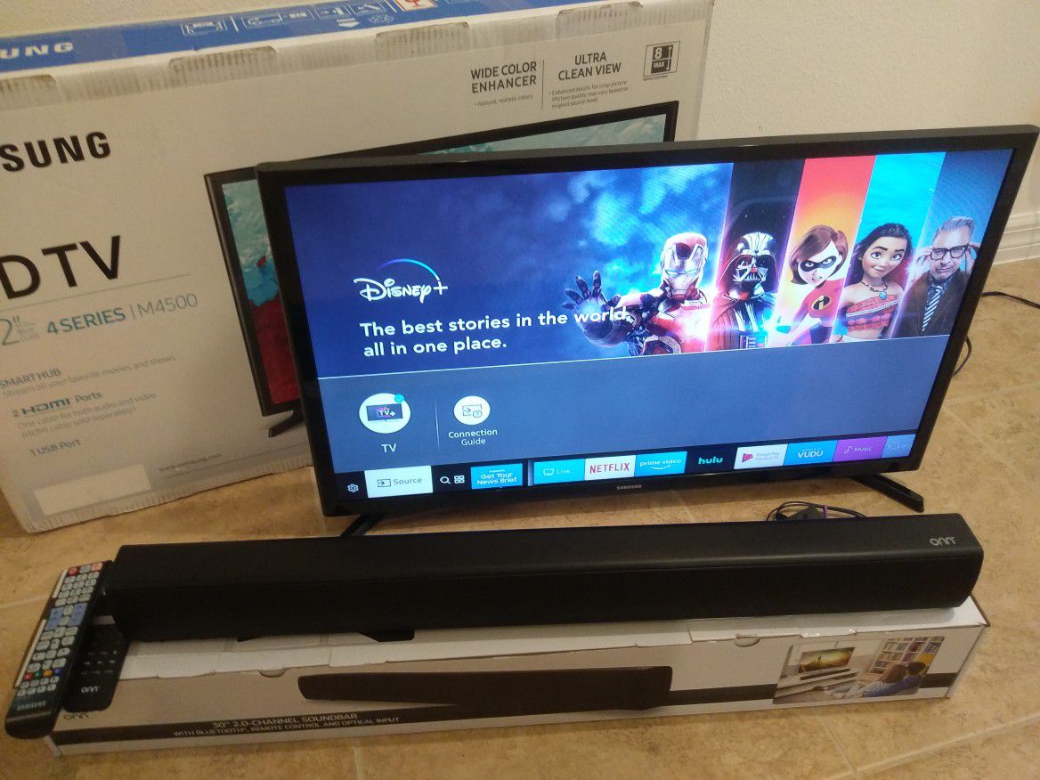 New Samsung streaming size 32" Smart Wi-Fi enabled HDTV TV with new Samsung blu-ray player and soundbar