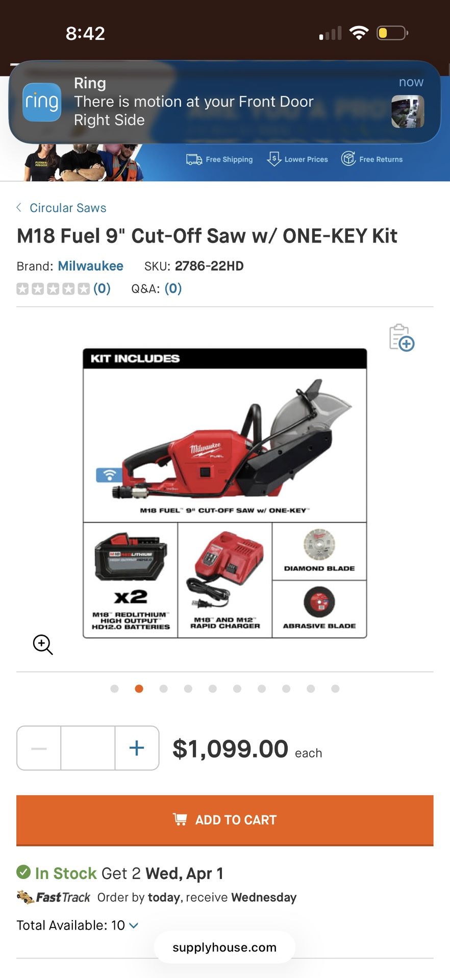 M18 Fuel 9" Cut-Off Saw w/ ONE-KEY Kit Brand: Milwaukee SKU: 2786-22HD