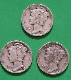 3-coin collection of 1938 P, D, and S Mercury dimes