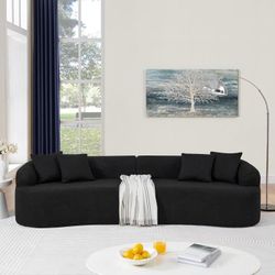Beige Curved Modular Sectional Sofa in Lamb's Wool Fabric, Modern Minimalist Style, Compressed