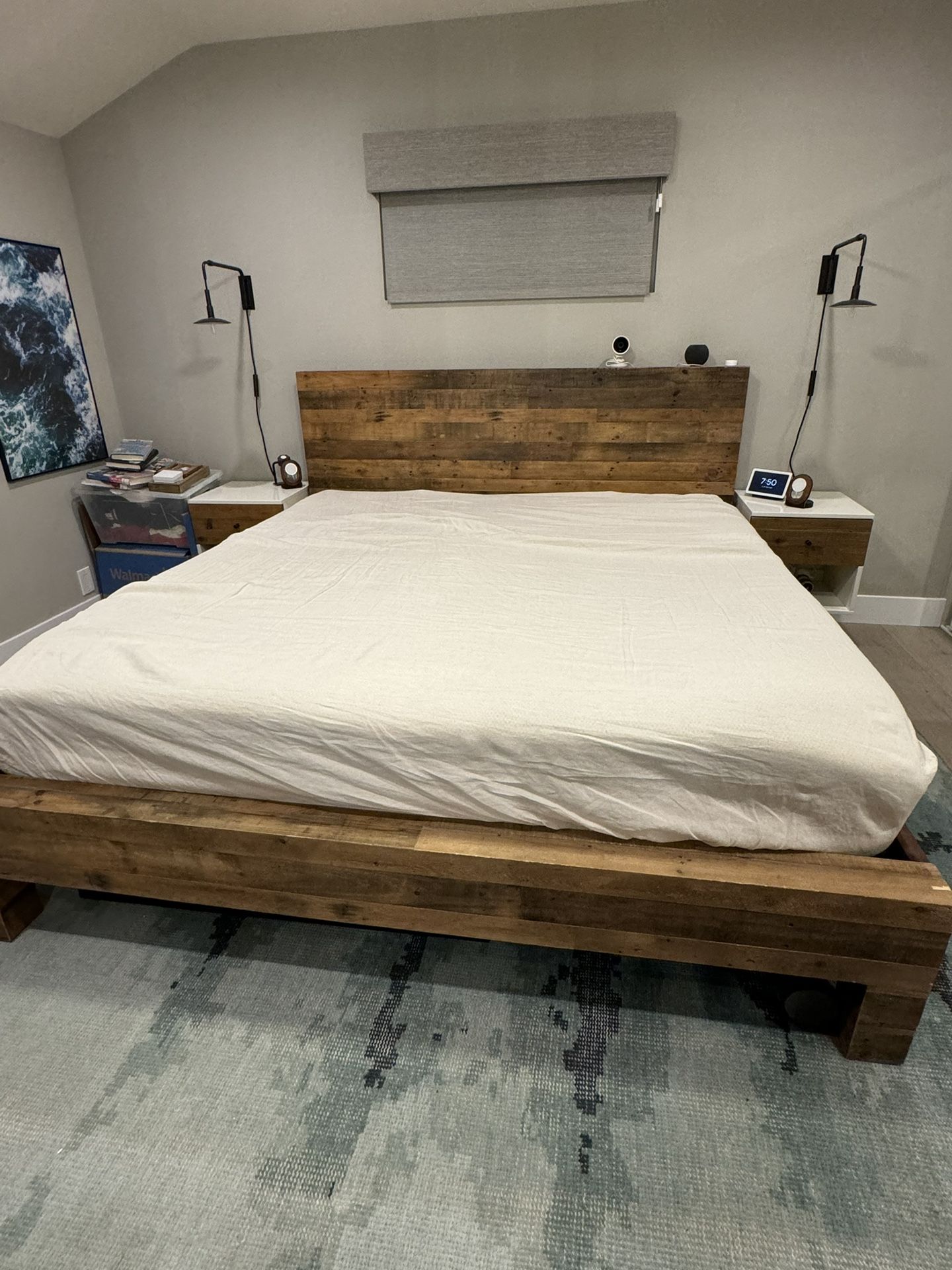 West Elm Reclaimed Wood Modern Bed (brown) Set With 2 Nightstand Tables