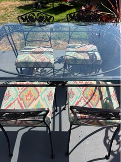 Vintage Wrought Iron Patio Dining Set with Glass Top and 4 Rose Motif Chairs