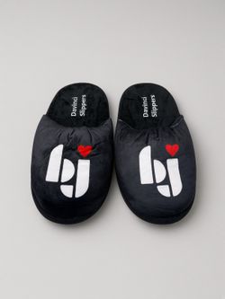 New Davinci Slippers Black Plush bj Logo Red Heart Slippers One Size 8-13