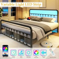 New 14 Inch Classic Metal Platform Queen Bed Frame with Charging Station & LED, Victorian Style Headboard/Footboard, Underbed Storage, No Box Spring N