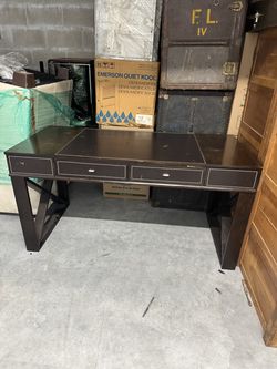 Espresso Writing Desk, Leather Top, Stitched Leather Drawers, X-Base