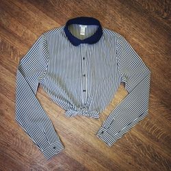 Striped Button Up Blouse With Navy Collar
