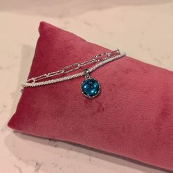 Sterling Silver Double Bracelet W/Turquoise Round Charm