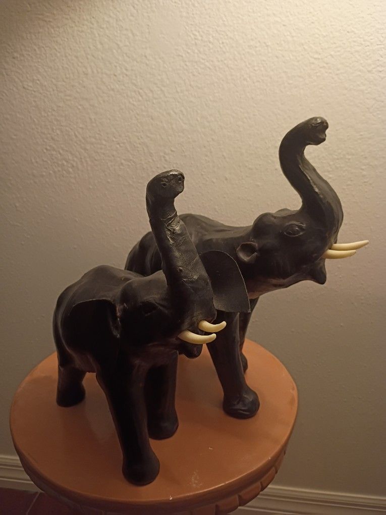 Pair Of Vtg Vintage Black Leather Wrapped Elephants