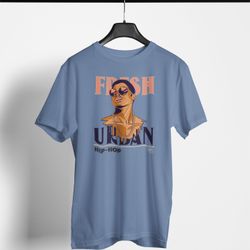 Fresh Urban Hip-Hop Graphic T-Shirt, Retro Design, Indigo Blue, Size L