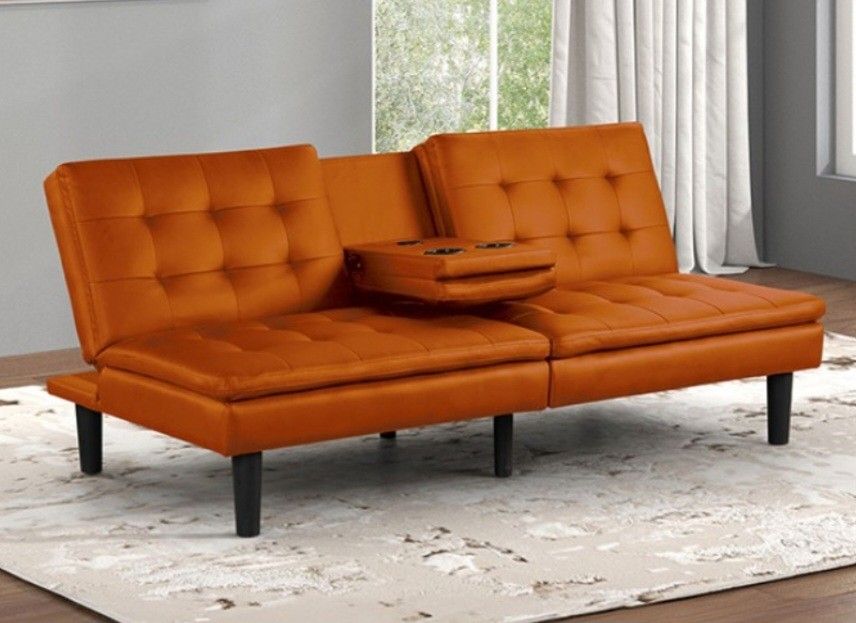 Brand New Orange Leather Futon Sofa Sleeper