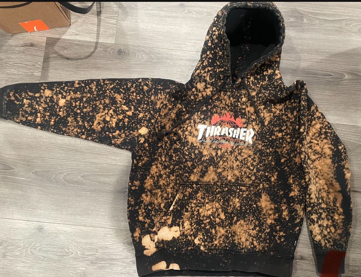 Vintage Thrasher X Huf Tie Dye Bleached Hoodie Pullover Sweater Collab Oversized