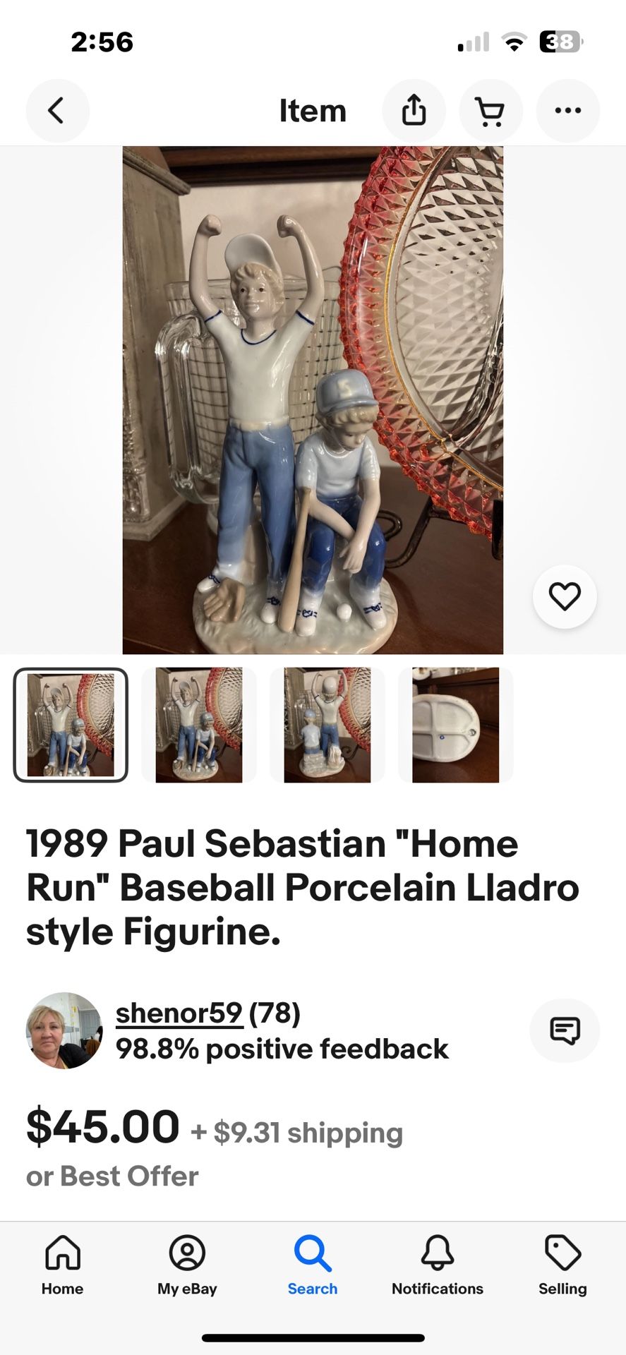 1989 Paul Sebastian "Home Run" Baseball Porcelain Lladro style Figurine.