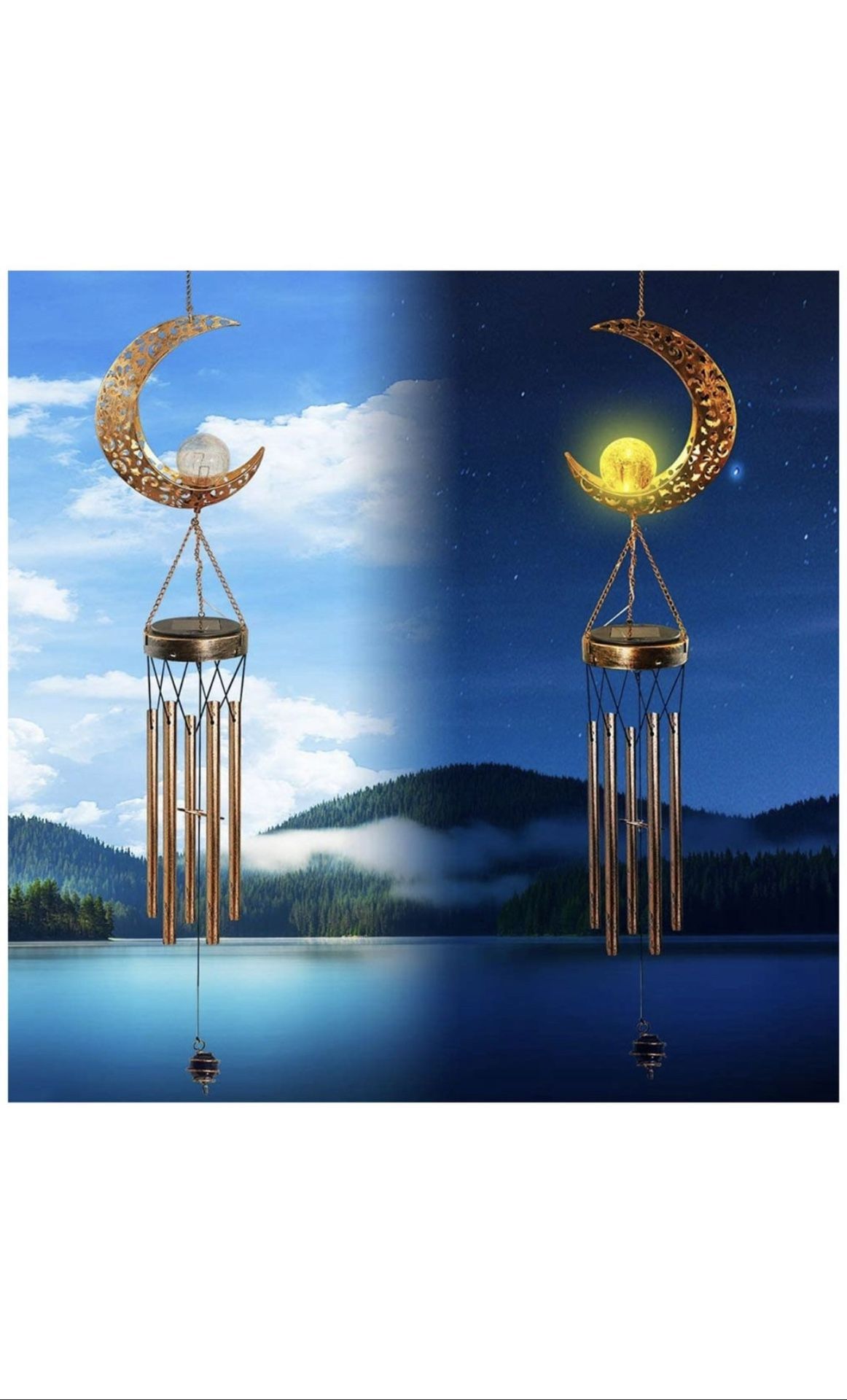 Solar Wind Chimes for Outside, Memorial Wind Chimes with Moon Crackle Glass Ball Warm LED Light, Sympathy Wind Chimes with Metal Tubes Waterproof Uniq