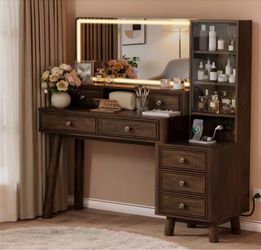 Modern Farmhouse 48 in. Makeup Vanity Desk with 3-Color LED Lighted Mirror, Dark Walnut Finish