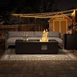 48" Patio Propane Fire Pit Table with Round Burner – 50,000 BTU Fire Pit Table with Lid, Rocks,