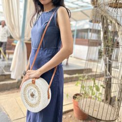 Handwoven Round Rattan Wicker Straw Shoulder Bag Crossbody Purse Boho Natural.