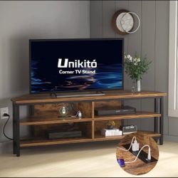 Unikito Corner TV Stand For 60'' TVs With Power Outlet, 4 Open Storage Shelves & Metal Frame, Rustic Brown