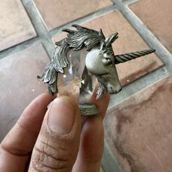 Vintage Pewter And Crystal Unicorn Head Statue 