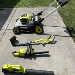 Ryobi Lawn Tools (mower + trimmer + chainsaw + leaf blower + batteries + chargers)