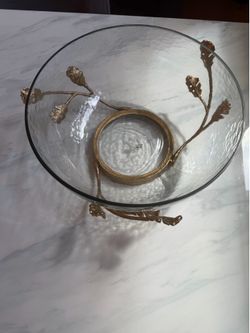 Decorative Hammered Glass Bowl with Gold Leaf Metal Base – $25
