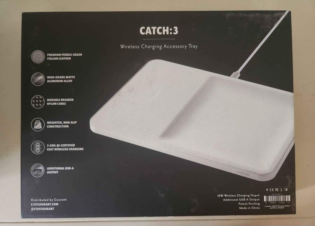 Courant Catch 3 Wireless Charging Tray In White Leather 