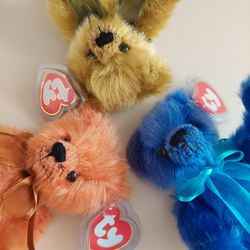 Vintage Set of 3 - 8" Ty Inc. Blue, Orange & Olive Green Teddy Bears with Articulating Arms and Legs. 1993 Ty Inc. Beanie Babies. Grateful Dead dancin
