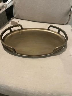 Oval Gold Metal Serving Tray with Handles