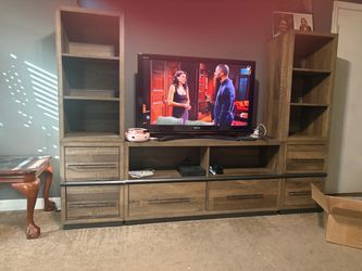 Wood Grain Entertainment Center Wall Unit - TV Stand + 2 Bookcases