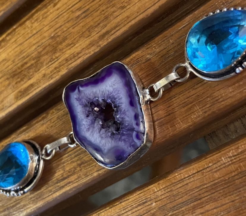 Several Stamped Silver And Geode Slice Bracelets Available 