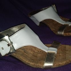 Women's Anne Klein Wedge Sandal White Strap Cork Slip-on Size 7M