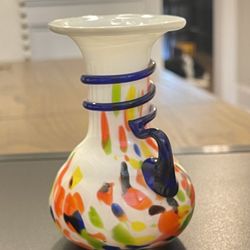 Vintage Czech Bohemian Spatter Glass Applied Cobalt Blue Handle Pitcher Vase 4.5”