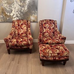 TWO High End Luxury UNIVERSAL FURNITURE Feather Blend Oversized Accent Chairs w/ Ottoman