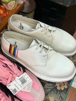 Dr. Martens White Leather Sneakers with Rainbow Stripe