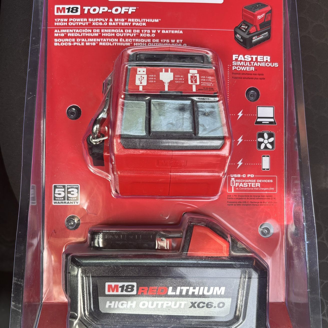 Milwaukee- M18 18V Lithium-Ion 175-Watt Powered Compact Inverter for M18 Batteries with (1) M18 HIGH OUTPUT Red lithium 6.0 Ah Battery