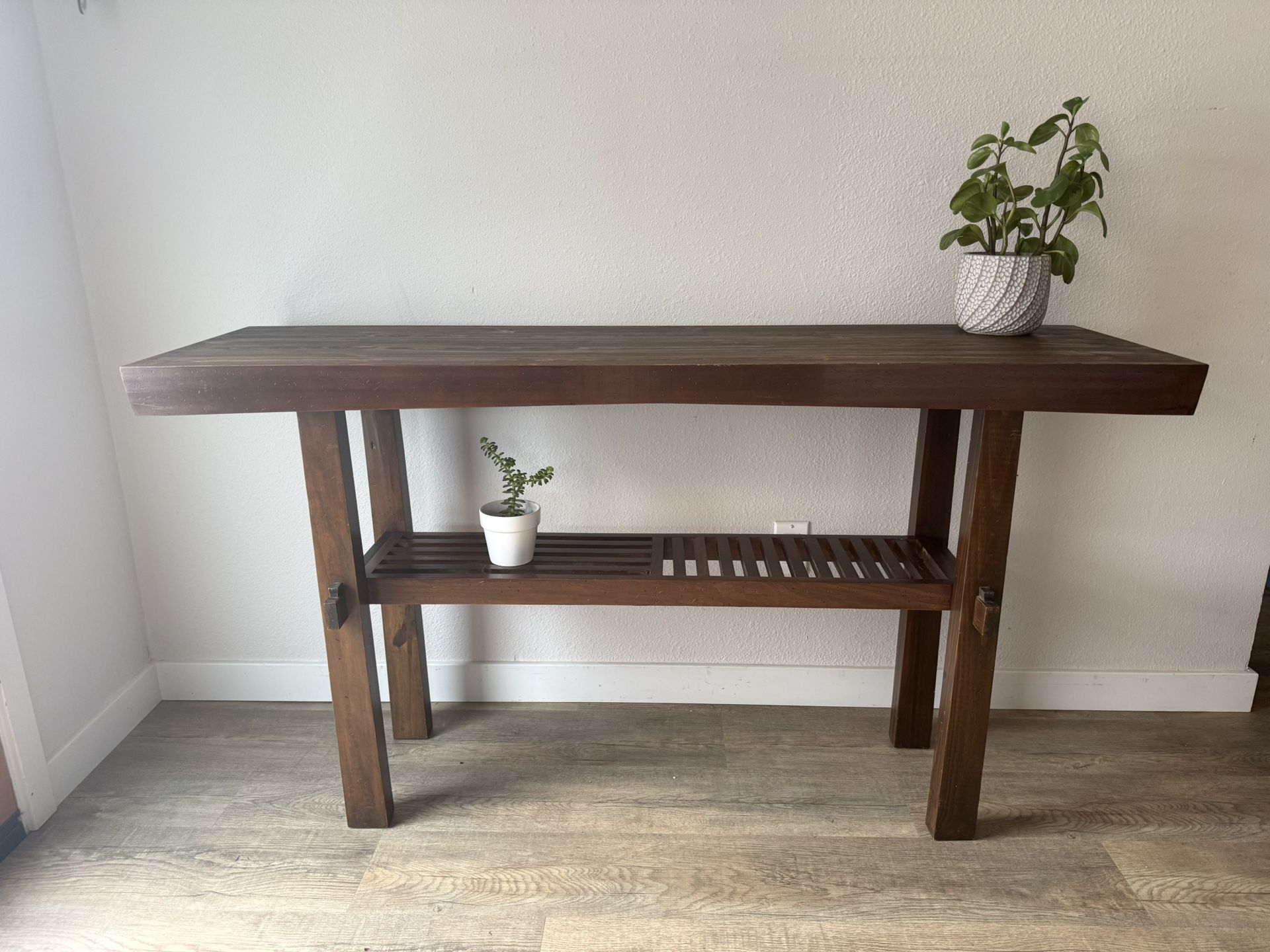 POISED console - sofa table - Asian influence - distressed finish - one shelf - entry - delivery available 