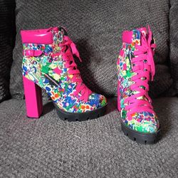 Platform Combat Boots Round Toe Chunky Block Heel Boot Size 9 