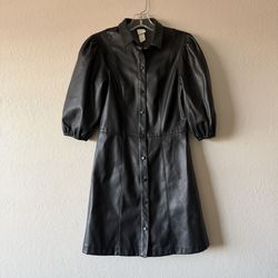 H&M, Women Black Faux Leather Puff Sleeved Button Down Dress Size 2