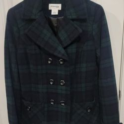 St Johns Bay Peacoat Wool Blend Tartan Plaid Blue & Green Womens Large