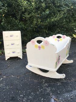 Wooden Hand Painted Doll Cradle and Clothes Dresser