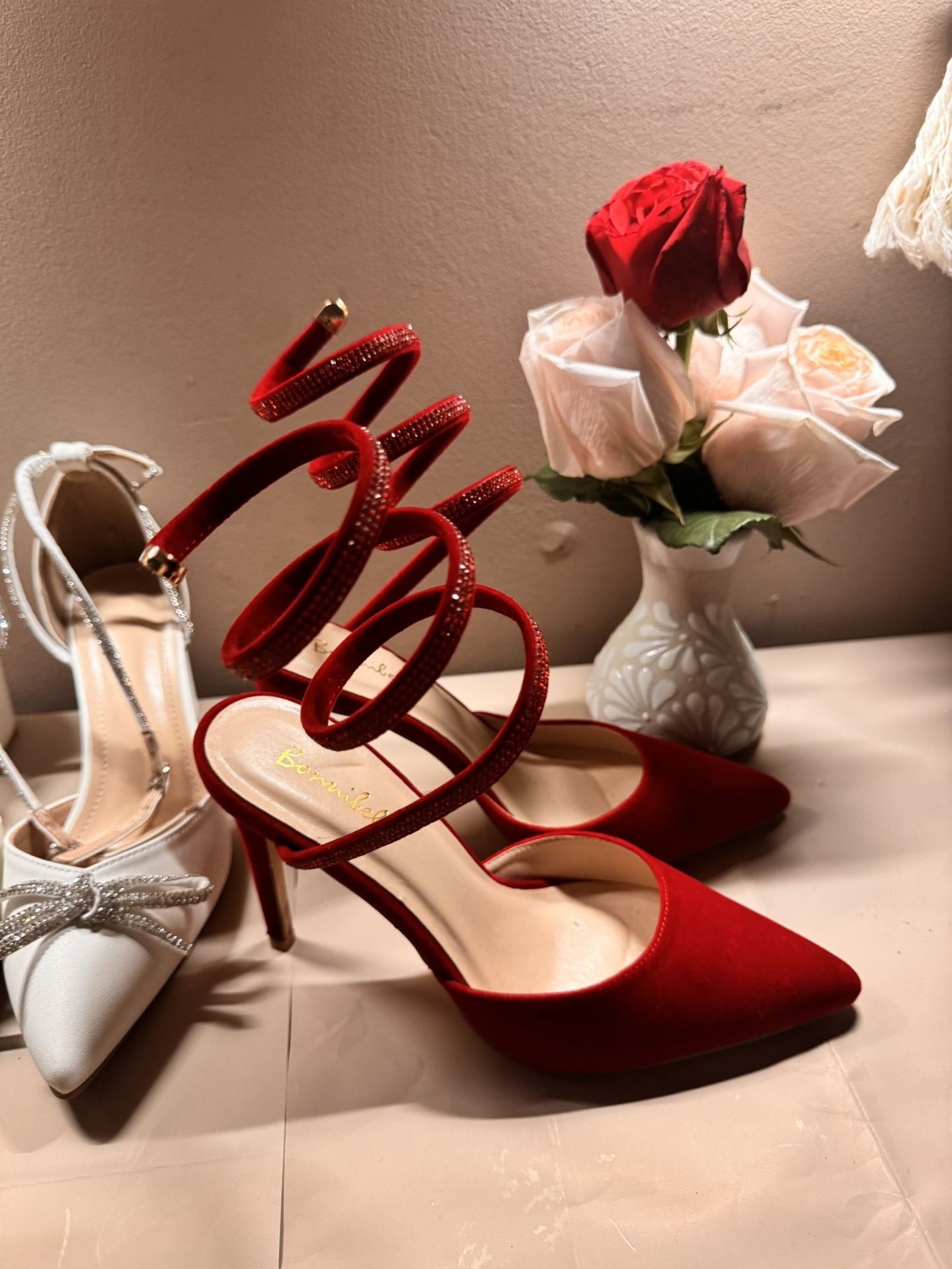 Windsor Heels Size 8 Red Velvet With Embellished Wrap Around Heel Detail